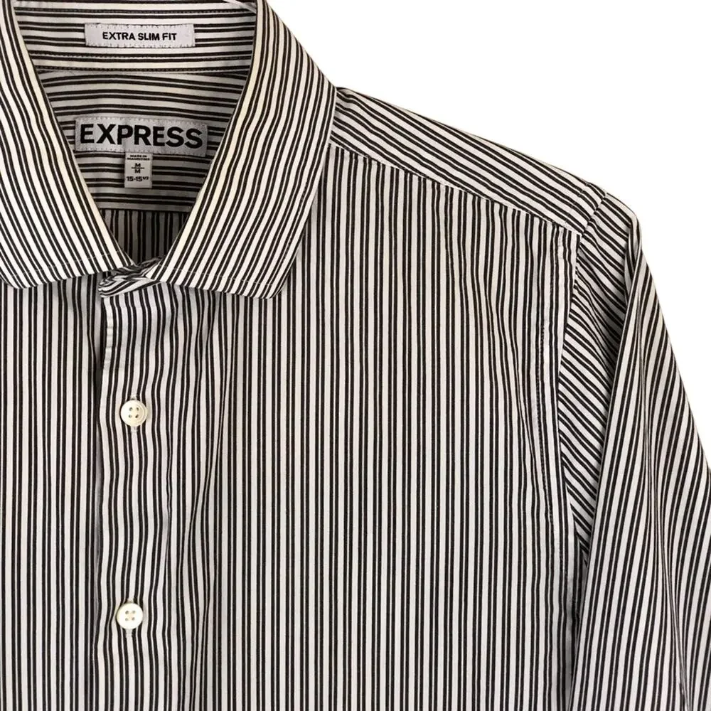 Men's Express Extra Slim Fit Black White Stripe Long Sleeve Button Front Shirt